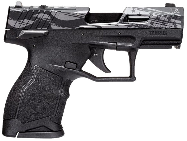 Black and silver compact semi-automatic handgun.