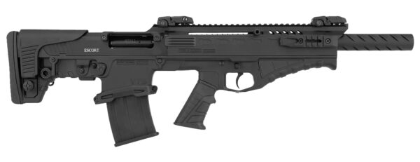 Black tactical shotgun with adjustable stock and grip.