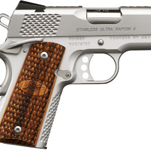 Kimber Mfg.,inc 3200374 Stainless Ultra Raptor II 9mm 8+1 3" Back Cut Serrations Stainless Steel Slide Satin Silver Round Heel Zebrawood w/ Scale Pattern and Kimber Logo Grip