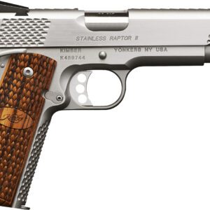 Kimber Mfg.,inc 3200386 Stainless Raptor II 10mm 8+1 5" Front Serrations Stainless Steel Slide Satin Silver w/ Brush Polished Flats Zebrawood w/ Scale Pattern and Kimber Logo Grip
