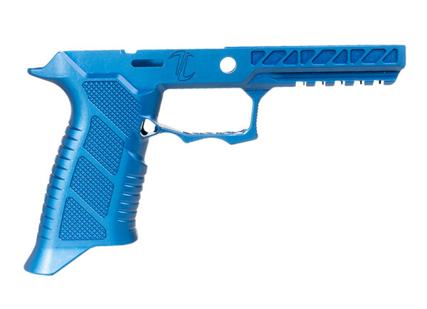 Blue pistol frame, textured grip featured.