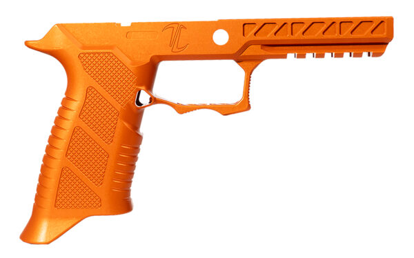 Orange 3D-printed pistol frame left side view.