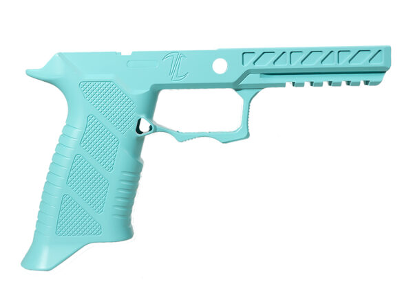 Teal gun grip with textured patterns