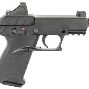 Black pistol with red dot sight on top