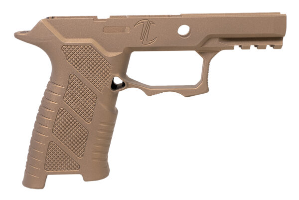 Tan firearm frame with textured grip