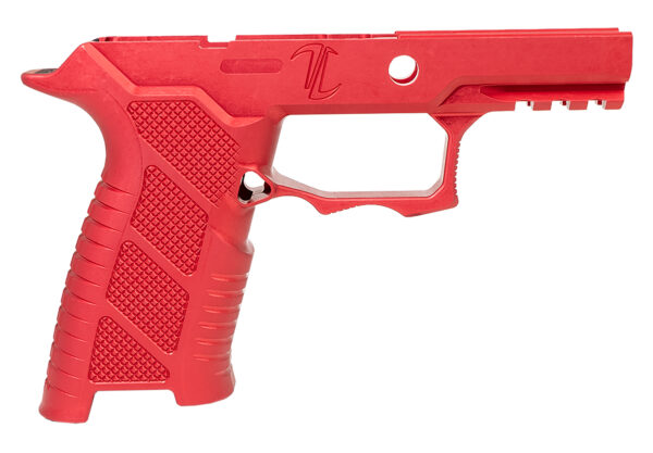 Red polymer pistol frame with textured grip.