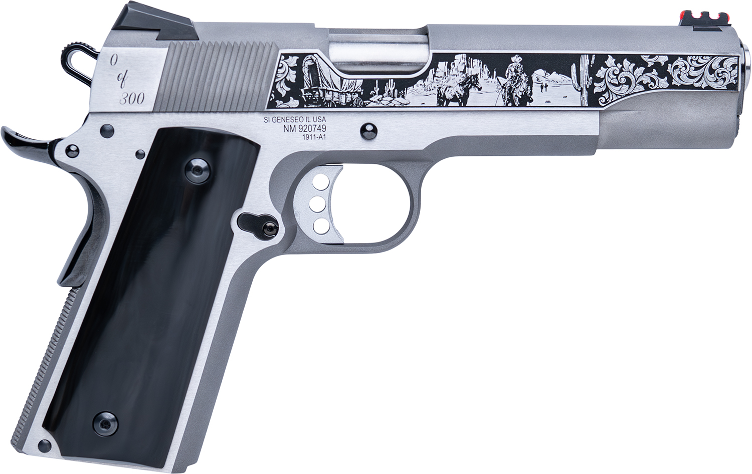 Cnc Firearms CNCWESTSPIRIT Colt 1911 Western Spirit 45 ACP 7+1 5" Stainless Steel Barrel, Serrated w/Engraved Scrollwork Slide, Black Buffalo Horn Grip