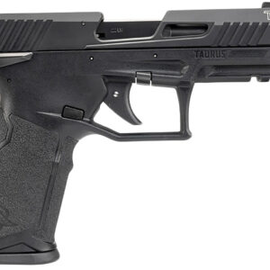 Black handgun with textured grip and slide.