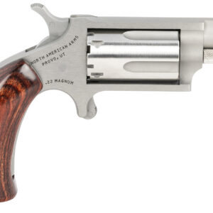 Silver revolver with wooden handle on white background.