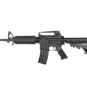 Black semi-automatic rifle, side view.