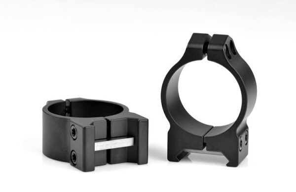 Black scope mounting rings for rifles.