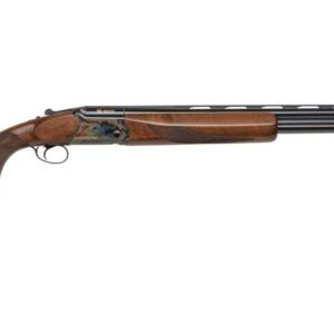 Side view of double-barrel shotgun on white background.