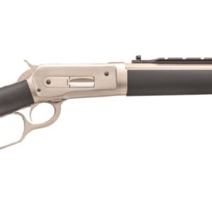 Lever-action rifle with black stock and silver barrel.