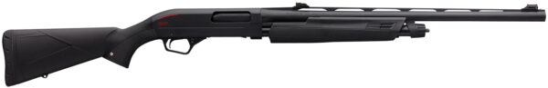 Black pump-action shotgun side view.