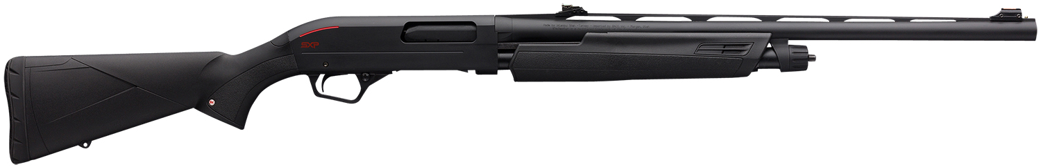 Black pump-action shotgun side view.