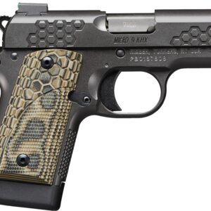 Black handgun with textured grip and hex pattern.