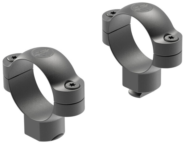 Two black metal scope rings on white background.