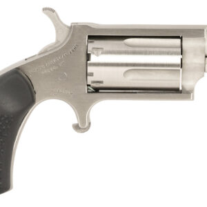 Silver revolver with a textured black grip.