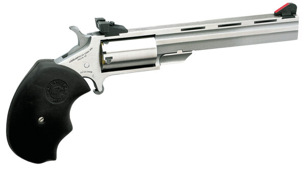 North American Arms MMTM Mini-Master *CA Compliant 22 WMR 5 Shot 4" Vent Rib Barrel, Overall Stainless Steel Finish, Finger Grooved Black Rubber Grip, Adjustable Sights