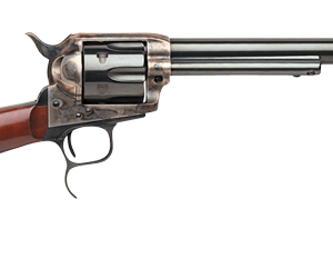 Vintage revolver with a long barrel and wooden stock.