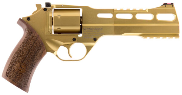 Chiappa Firearms 340225 Rhino 60DS  Medium Frame 357 Mag 6 Shot, 6" Gold Plated PVD Steel Vent Rib Barrel & Cylinder, Gold Plated PVD Aluminum Frame,  Walnut Grip, Concealed Hammer