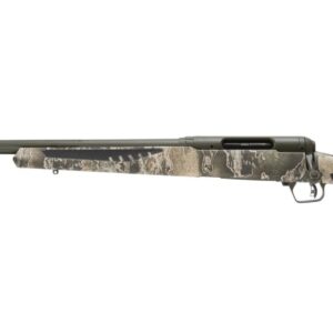 Camouflage hunting rifle with long barrel and stock.