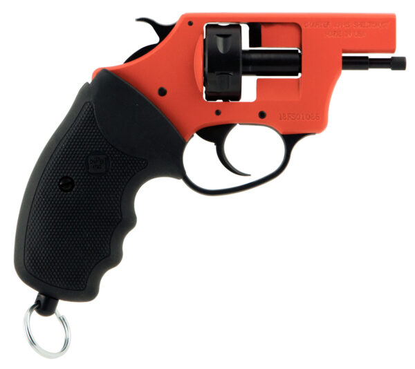 Red training revolver with black grip.