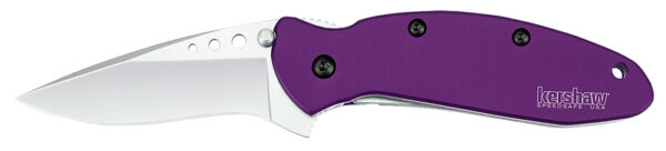 Purple folding knife with silver blade.