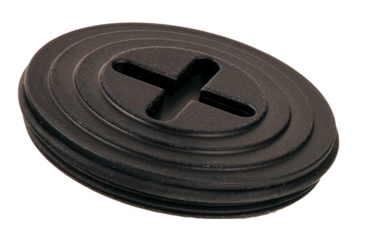 Black plastic grommet with cross-shaped opening