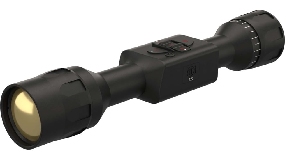 Black thermal imaging scope with controls, front view.