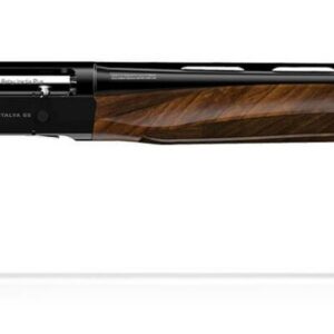 Wooden hunting rifle with black metal barrel.