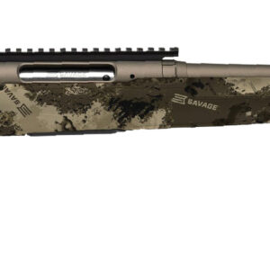 Camouflage hunting rifle with long barrel and scope mount.