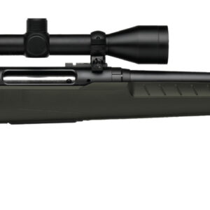 Bolt-action rifle with scope on white background.