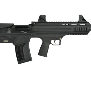 Black tactical shotgun with detailed components.