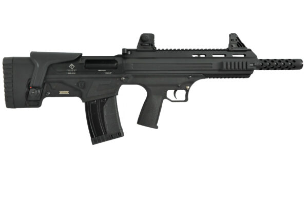 Black tactical shotgun with detailed components.