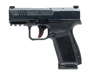Black handgun on a white background