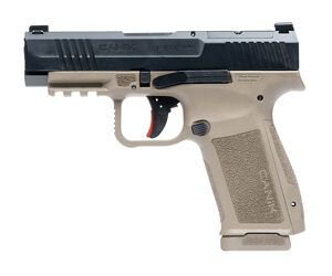 Beige-black semi-automatic pistol side view.