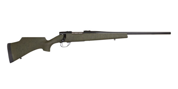 Bolt-action hunting rifle on white background.