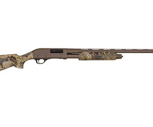 Camo pump-action shotgun, brown and green finish.