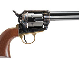Classic revolver with wooden handle and metal barrel.