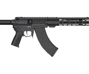Black semi-automatic rifle with extended magazine and barrel.