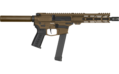 Brown semi-automatic pistol with long barrel.