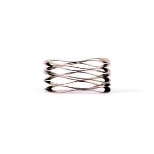 Sculptural silver bracelet with overlapping loops design.