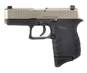 Compact handgun, black grip, silver slide, DB9 model.