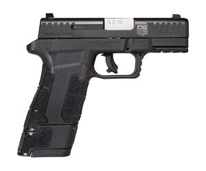 Black semi-automatic pistol on white background.