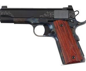 Engraved handgun with wooden grip