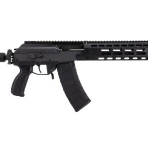 Black tactical rifle with adjustable stock and magazine.