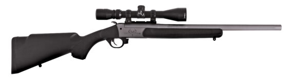 Black hunting rifle with scope on white background.
