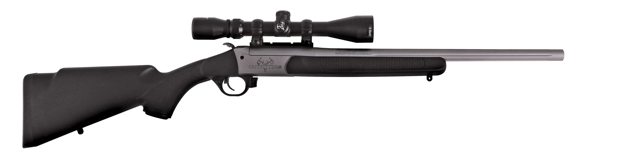 Black hunting rifle with scope on white background.