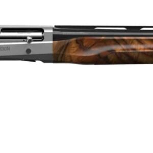 Wooden shotgun with silver accents, side view.
